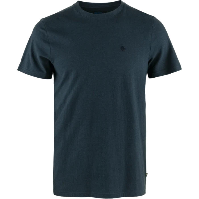 Navy blue t-shirt with a small logo on a white background