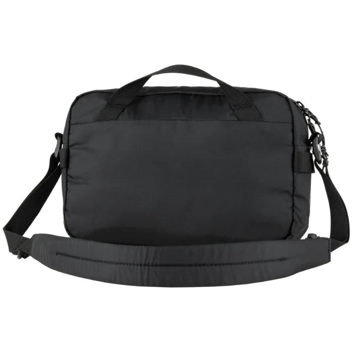 Black laptop bag with shoulder straps on a white background