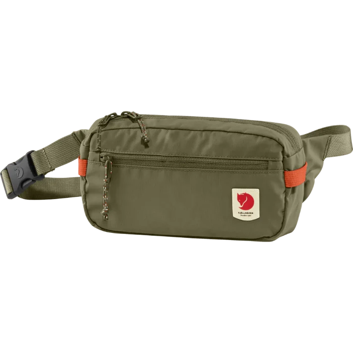 Green waist bag with red accents on a white background