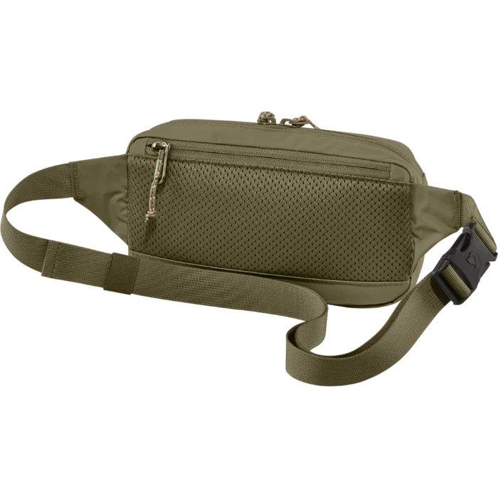 Green waist bag with a strap on a white background