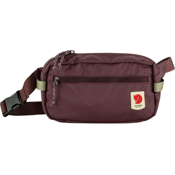 Maroon waist bag with a visible brand logo on a white background
