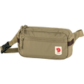 Beige Fjallraven bum bag with a visible brand logo on a white background