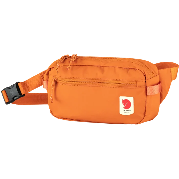 Orange mens bum bag Fjallraven brand logo on a white background
