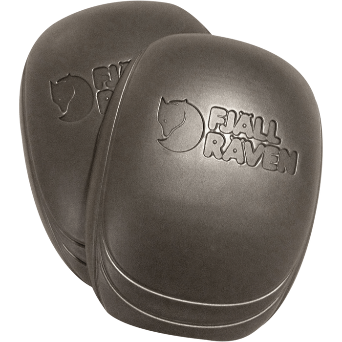 Pair of gray knee pads with Fjällräven logo on a white background