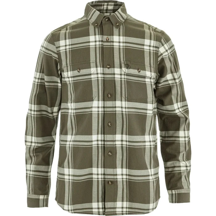 Green and white plaid mens Fjallraven shirt on a white background