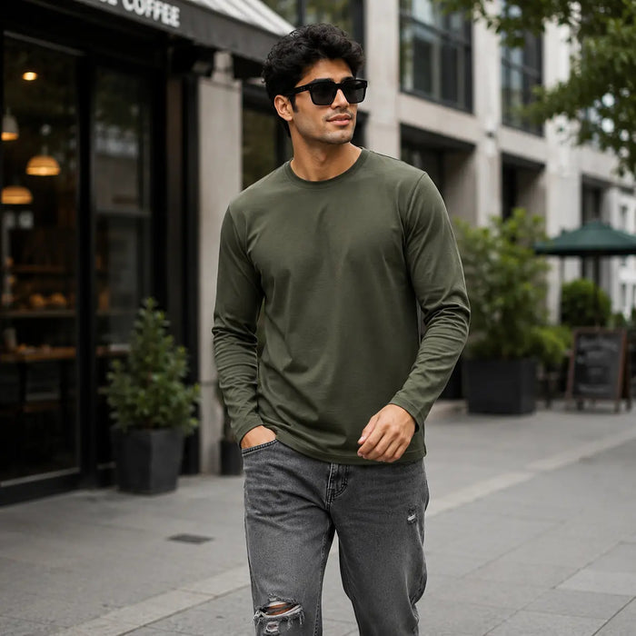 Full Sleeves Plan T-Shirt - Olive Green Dominance PK