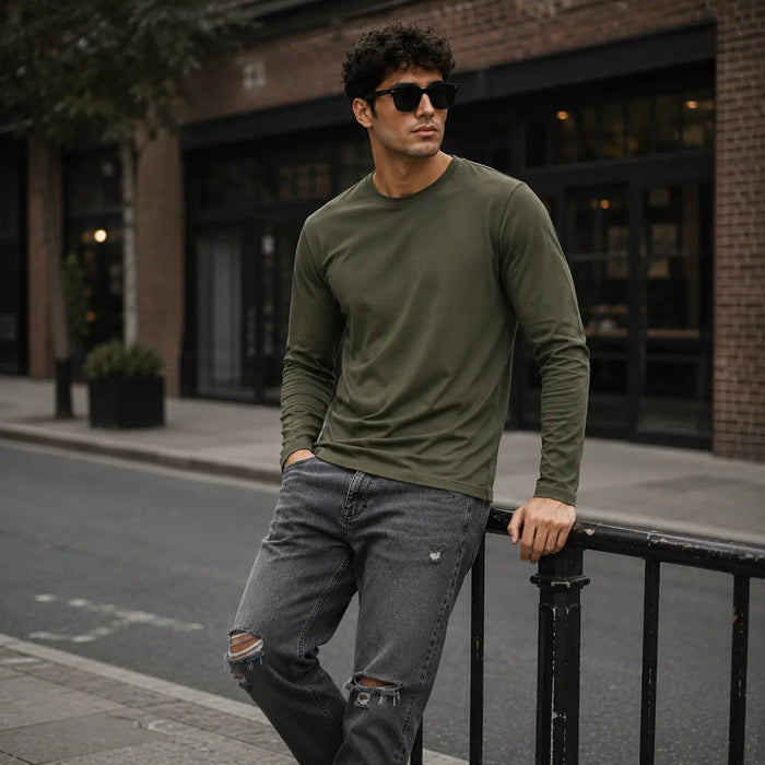 Full Sleeves Plan T-Shirt - Olive Green Dominance PK