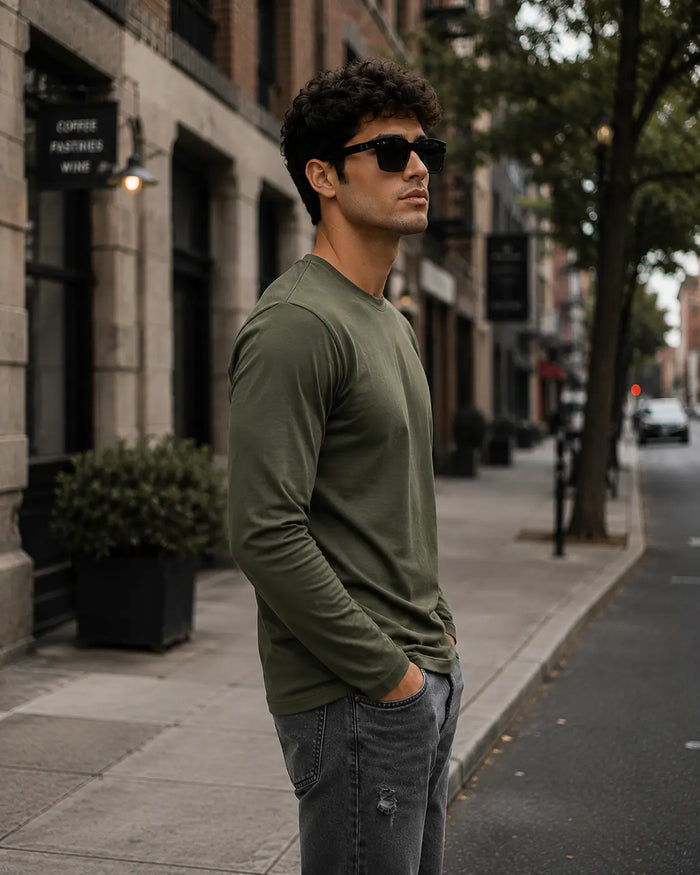 Full Sleeves Plan T-Shirt - Olive Green Dominance PK