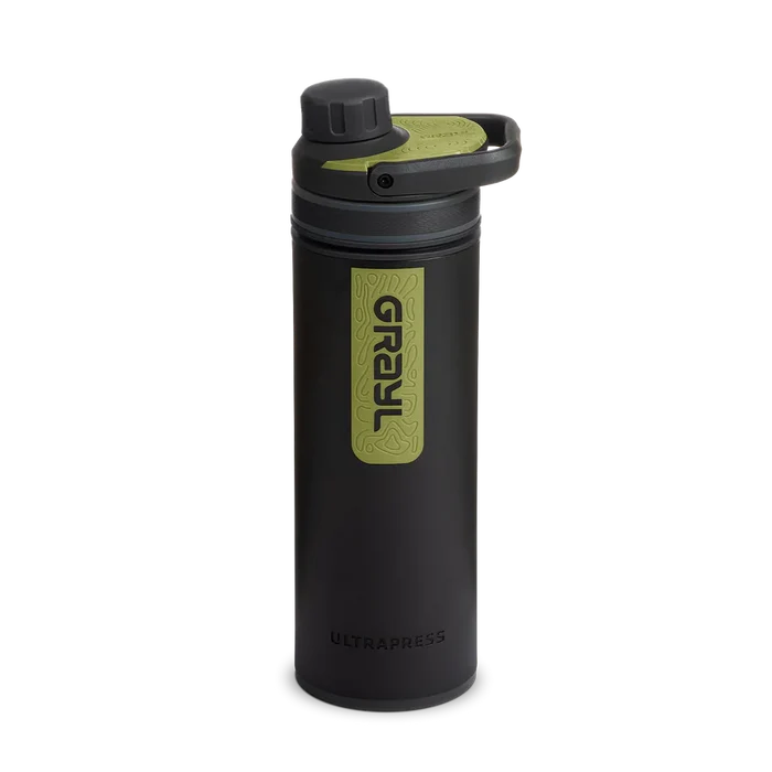 Black water bottle with green label on a white background