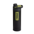 Black water bottle with green label on a white background
