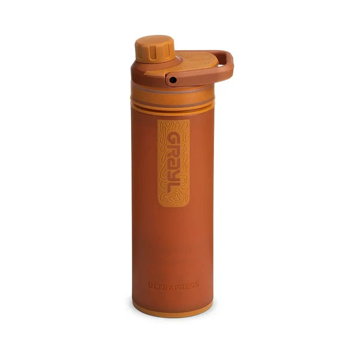 Brown water bottle with a lid on a white background