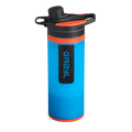Blue  Grayl Geopress water bottle with black and orange accents on a white background