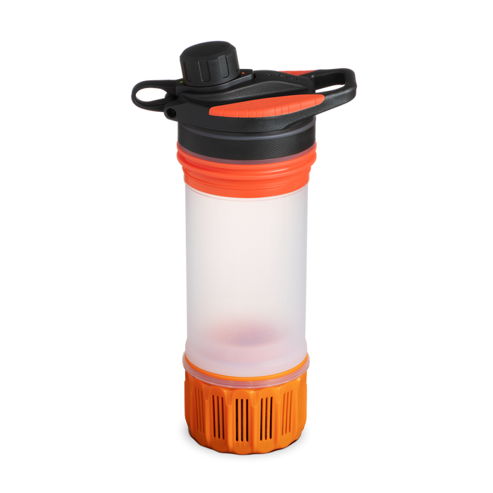 Orange and black water  filter inner from the grayl water bottle with a clear middle section on a white background