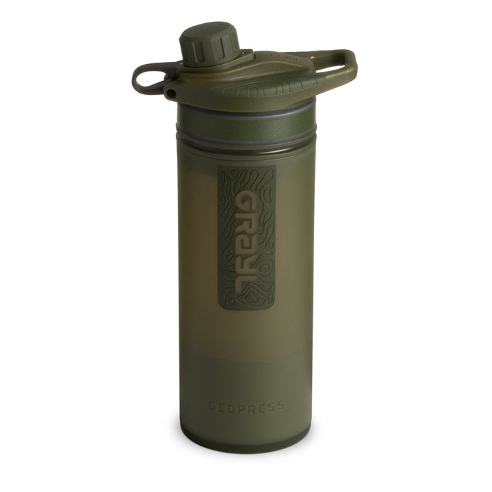 Green water bottle with filter and a cap on a white background