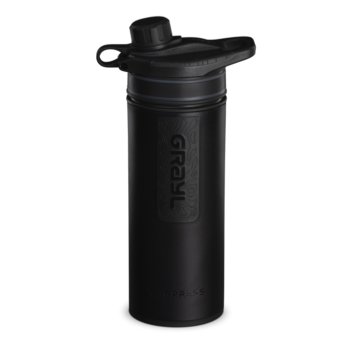 Black water purifier bottle with cap on a white background