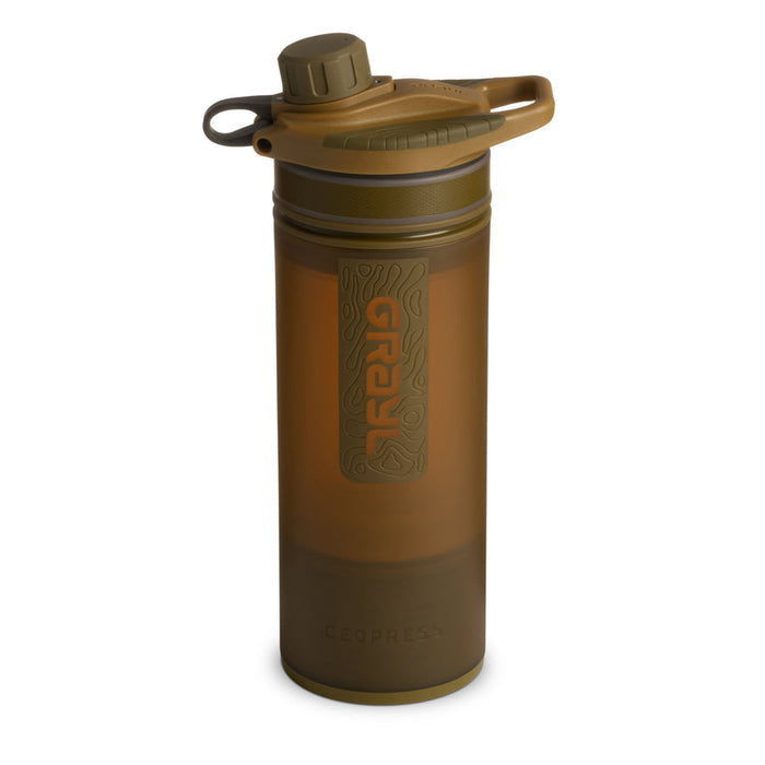 Brown water bottle with a cap on a white background