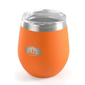 An orange GSI Glacier Stainless Glass Tumbler with a clear lid.