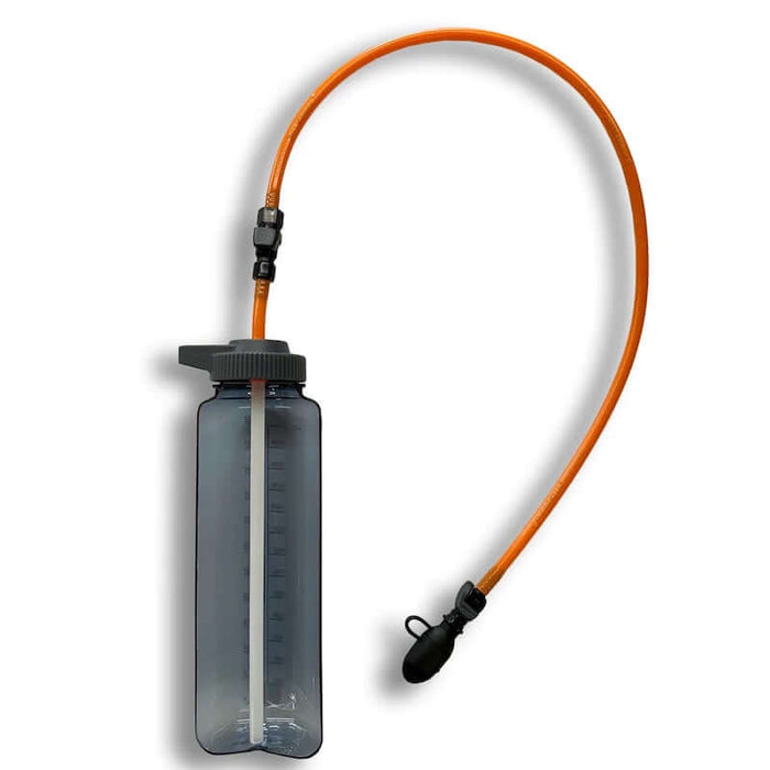 A black Nalgene Swig Rig kit consisting of a hose, bite valve, and attachment components, designed to add a hose to a water bottle.