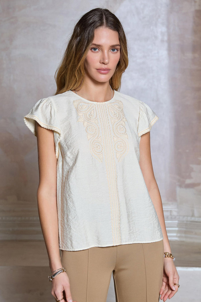 Heidi Embroidered Round Neck Flutter Sleeve Current Air Blouse
