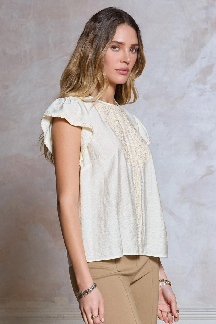 Heidi Embroidered Round Neck Flutter Sleeve Current Air Blouse