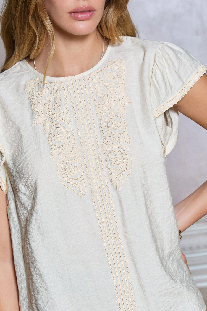 Heidi Embroidered Round Neck Flutter Sleeve Current Air Blouse