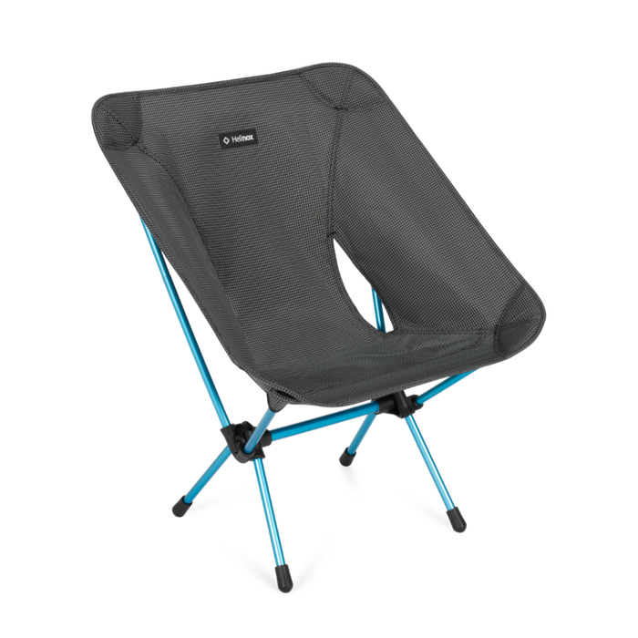 Black mesh camping chair with blue legs on a white background