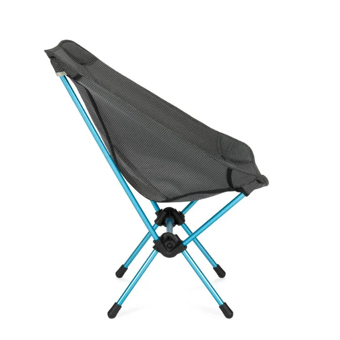 Black mesh camping chair with blue metal legs on a white background