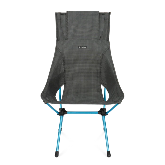 Gray camping chair with blue legs on a white background