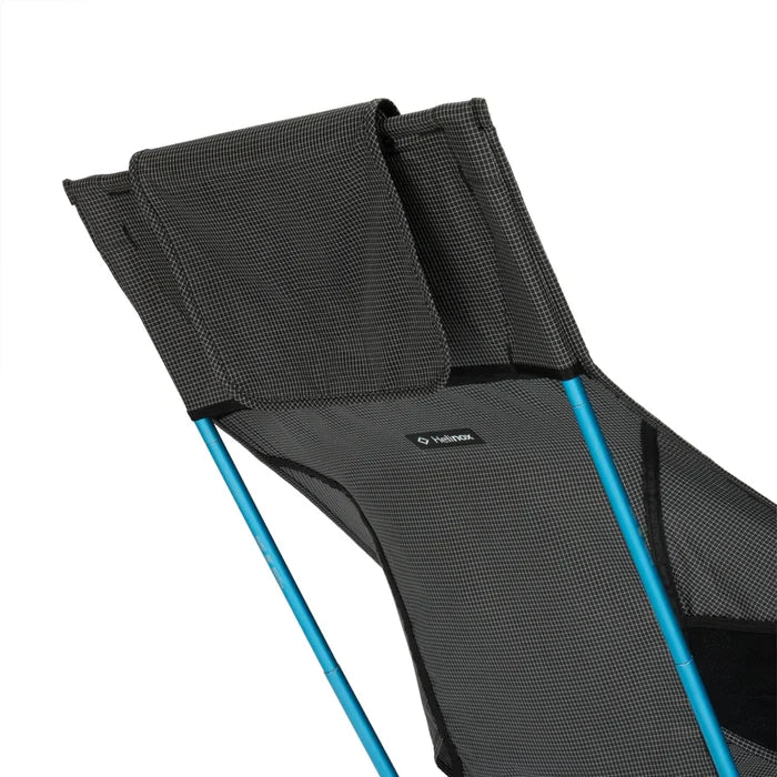 Black camping chair with blue legs on a white background