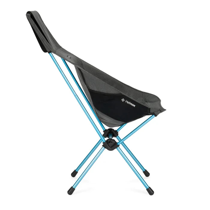 Black camping chair with blue legs on a white background