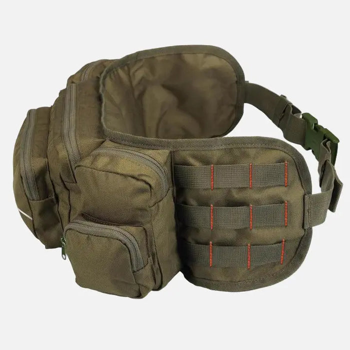 Green colored, 6 pocket waist bag. Spacious and comfortable to wear.