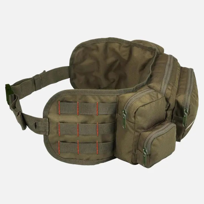 Green colored, 6 pocket waist bag. Spacious and comfortable to wear.