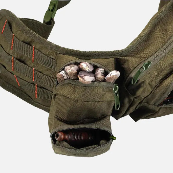 Green colored, 6 pocket waist bag. Spacious and comfortable to wear.