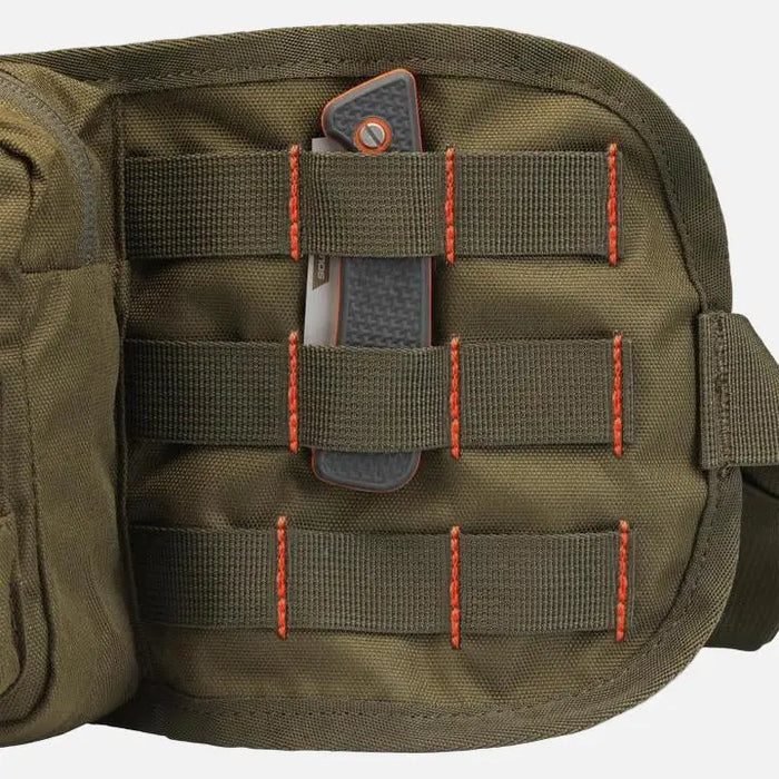 Green colored, 6 pocket waist bag. Spacious and comfortable to wear.