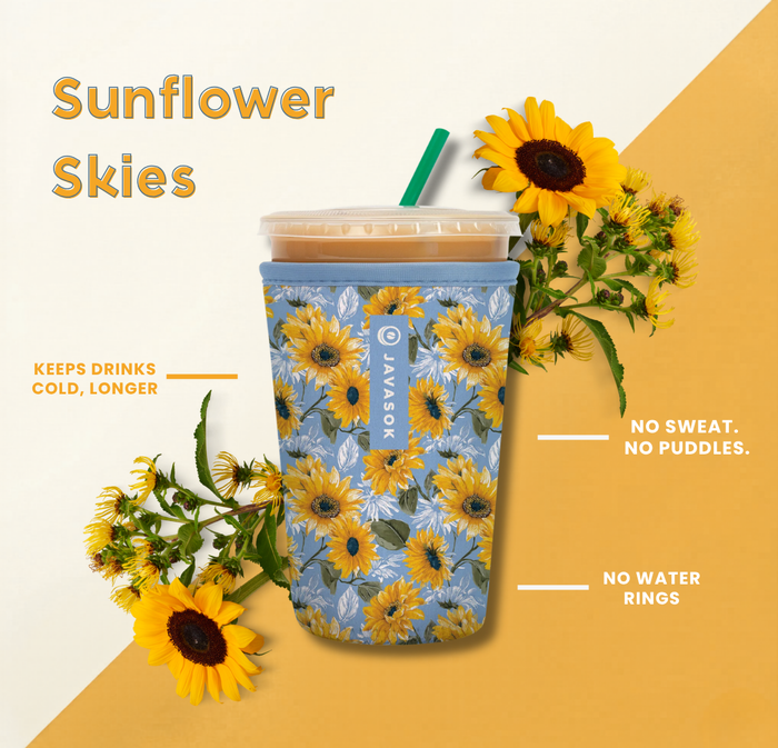 javasok with blue background and yellow sunflower print alongside product benefits