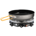 The image shows the Jetboil HalfGen Basecamp cooking system with a single burner and a 9 inch ceramic-coated fry pan, in a compact, folded position, presumably on a stove or similar cooking surface.
