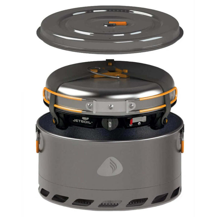 A jetboil Halfgen and fry pan with the 5 litre pot being packed away