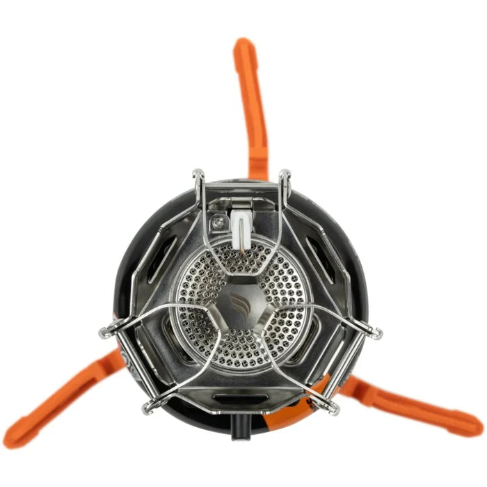 Portable camping stove with orange legs on a white background