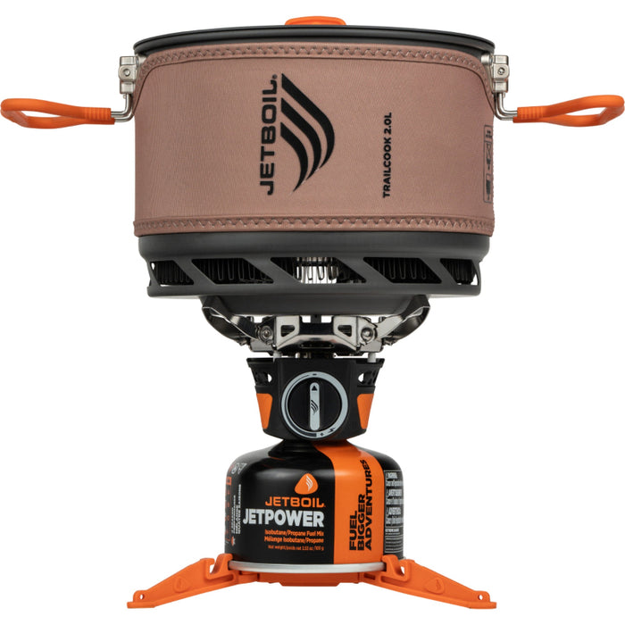 Jetboil cooking system with brown container and orange accents on a white background