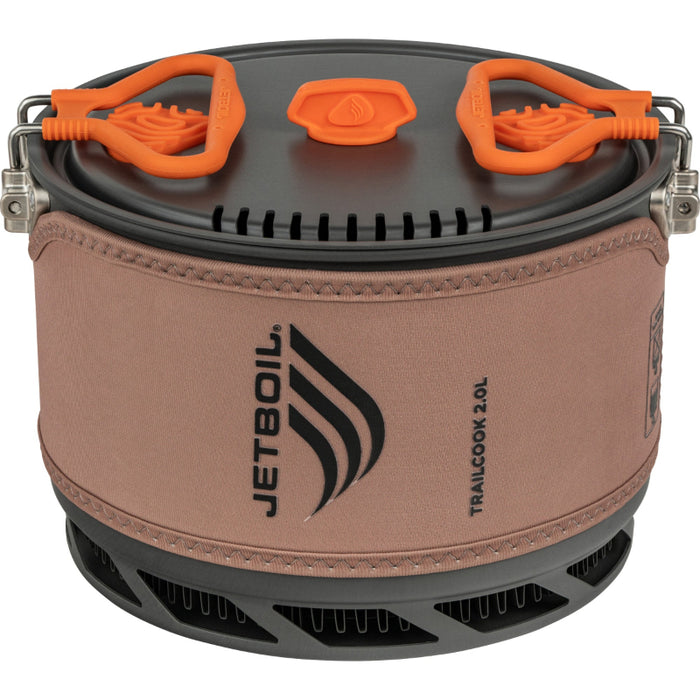 Jetboil Trailcook 2.0L camping stove with brown casing and orange handles on a white background