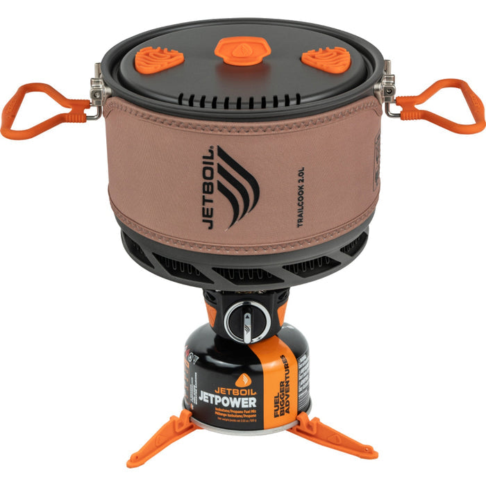 Jetboil cooking system with brown pot and orange accents on a white background