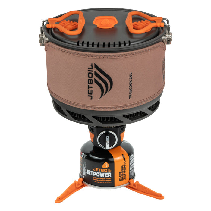 Jetboil cooking system with brown container and orange accents on a white background