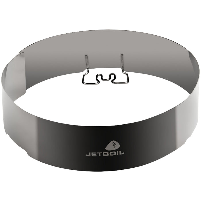 Metal pot windshield with 'Jetboil' branding on a white background