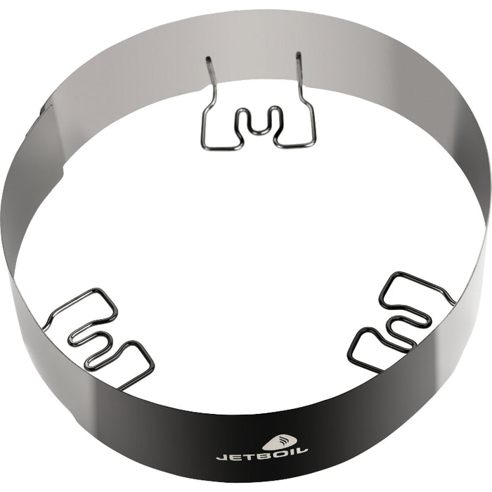 Metal windshield with hooks on a white background, featuring Jetboil logo.