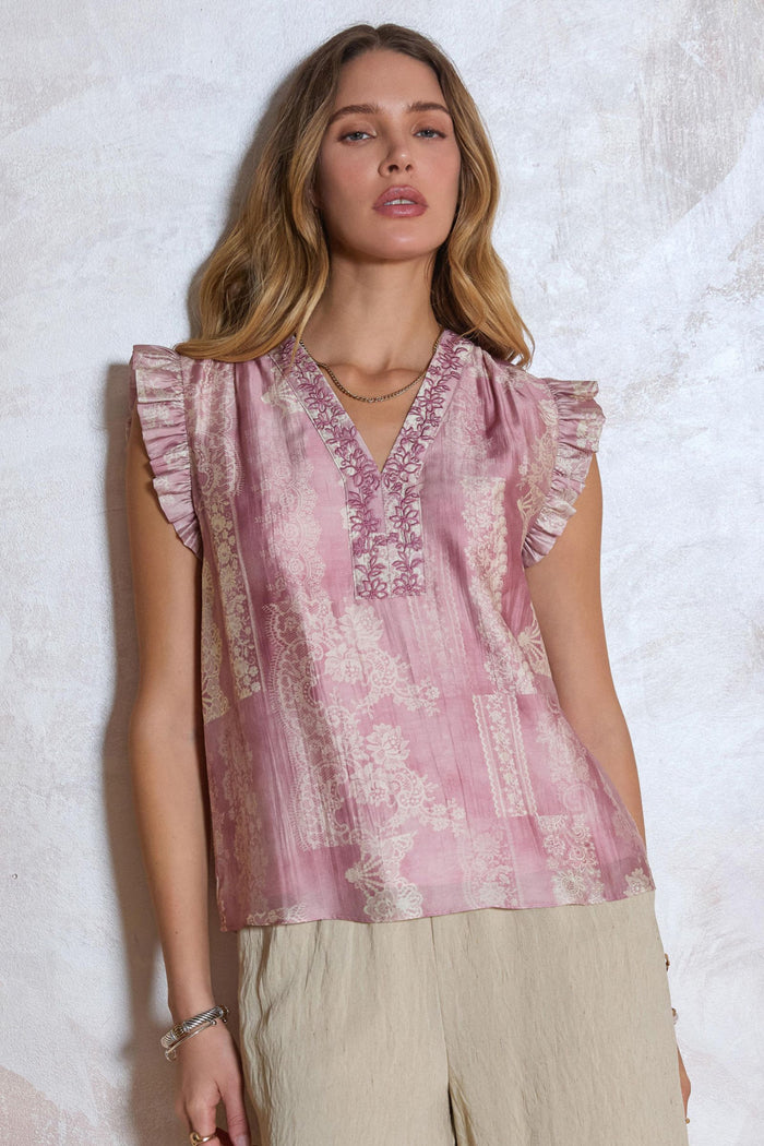 Julissa Ruffle Sleeve V Neck Relaxed Fit Current Air Blouse