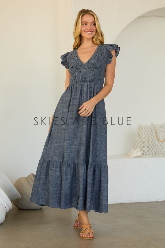 Kendra Smocked Bodice Tiered Skies are Blue Dress