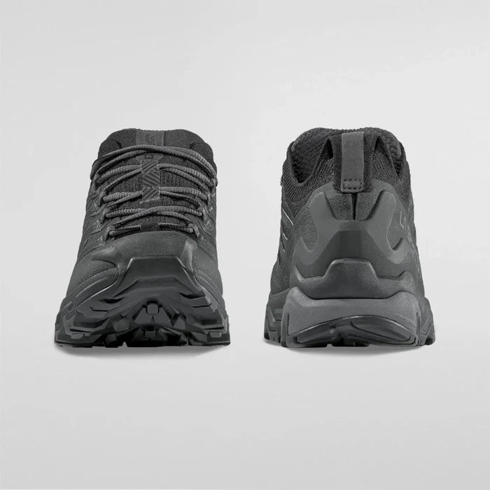Pair of black hiking boots shown from the back on a light gray background