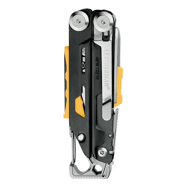 Multitool with black and yellow design on a white background