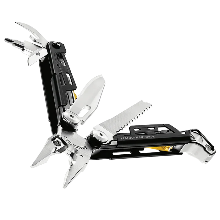 Multi-tool with various tools extended on a white background