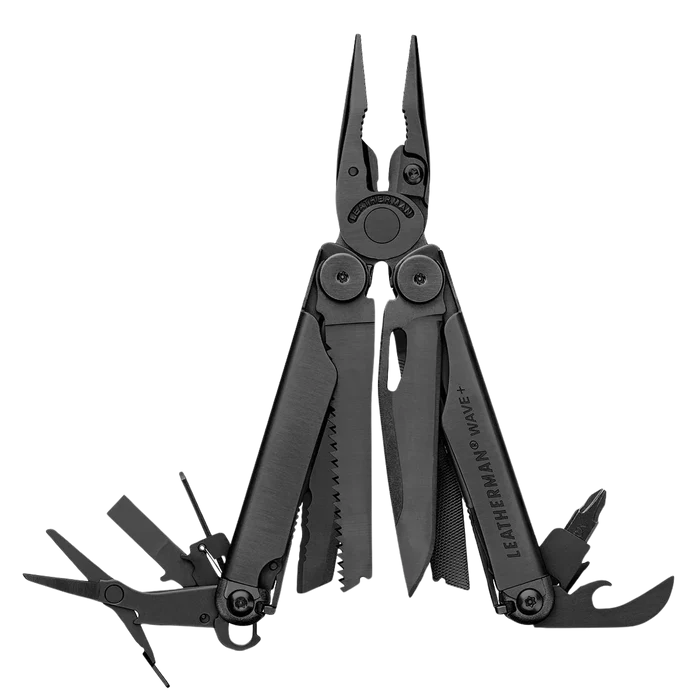 Black multi-tool with various components on a white background